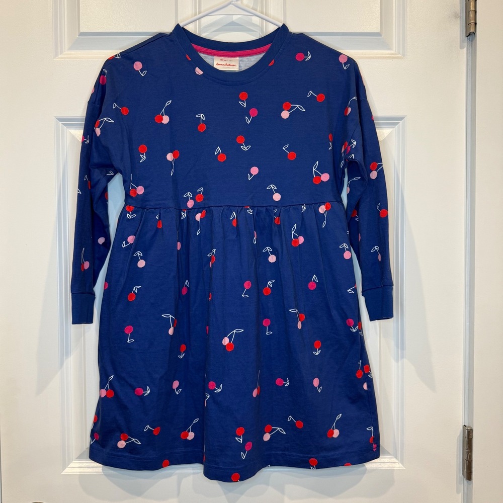 Hanna Andersson Navy Cherry Dress Long Sleeve Size 8 130cm‎ Pockets EUC
